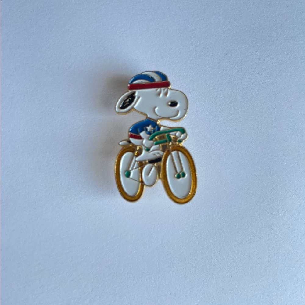 Vtg Peanuts Snoopy Biking Lapel Pin Dog Cloisonné Tie Tack Pin